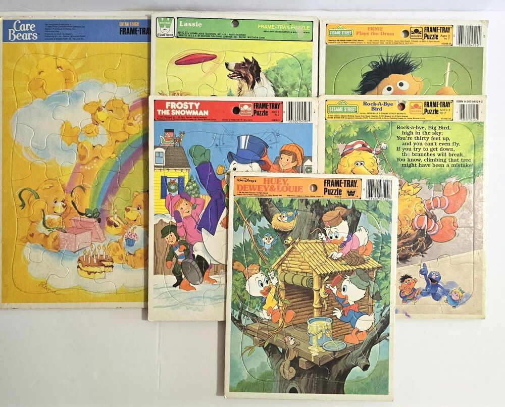 Vintage 80s Frame Tray Puzzle Lot of 6 Care Bears Lassie Frosty Disney Sesame St